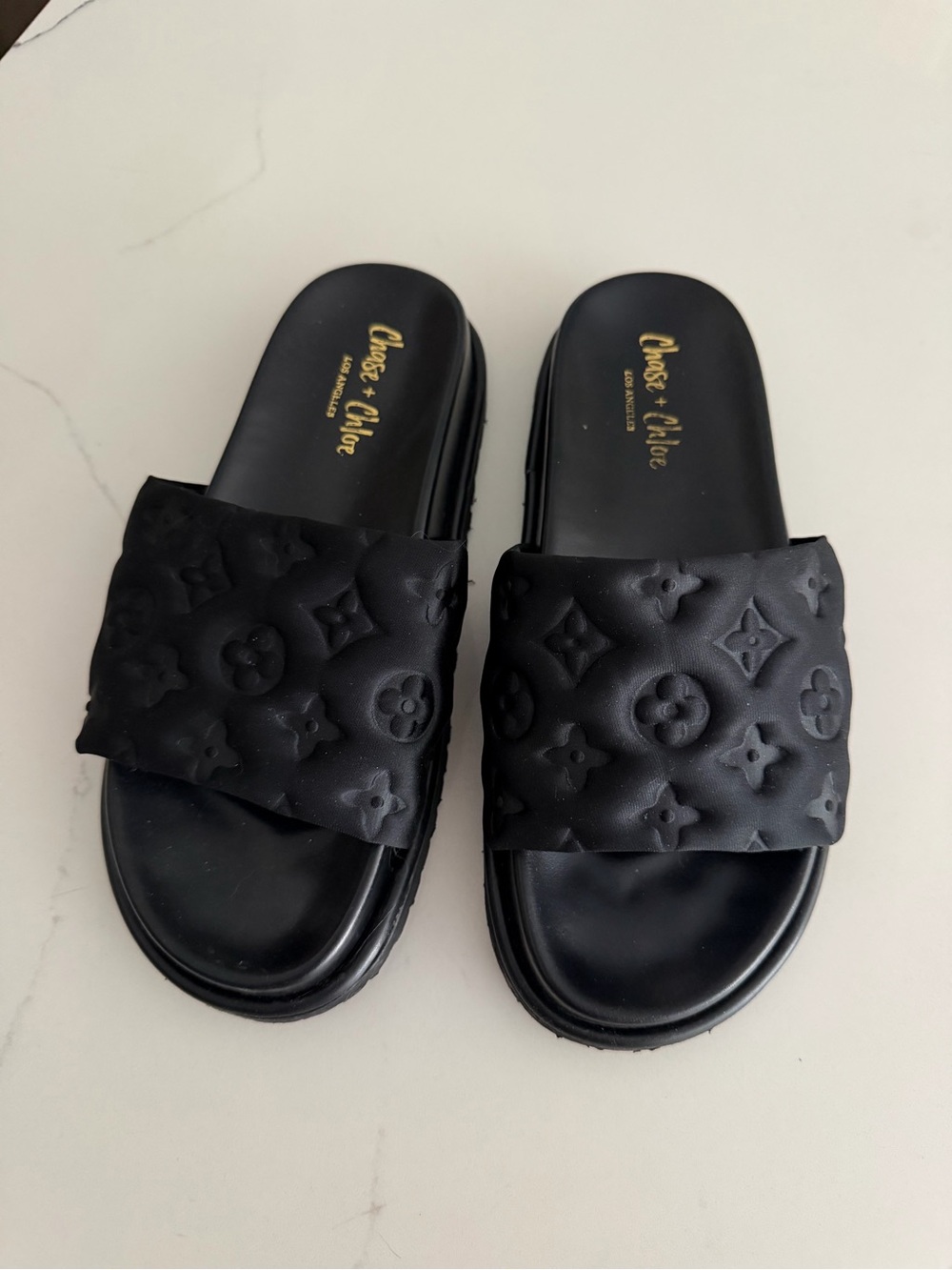 Chase + Chloe Black Embossed Slide Sandals
